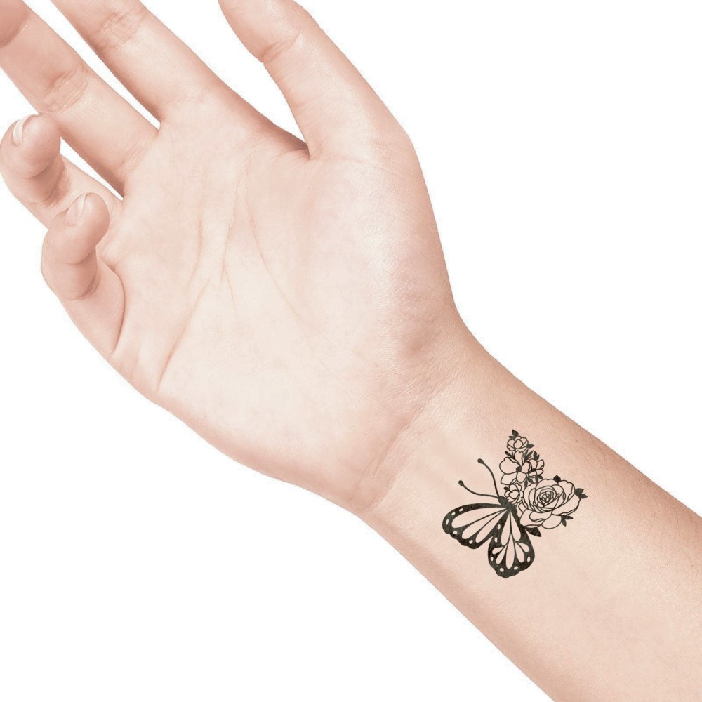 temporary tattoo preview image Butterfly flower, For woman and childeren, skin safe tattoo, Ephemeral Tattoo Stamp for Body and Arm, Water Resistant